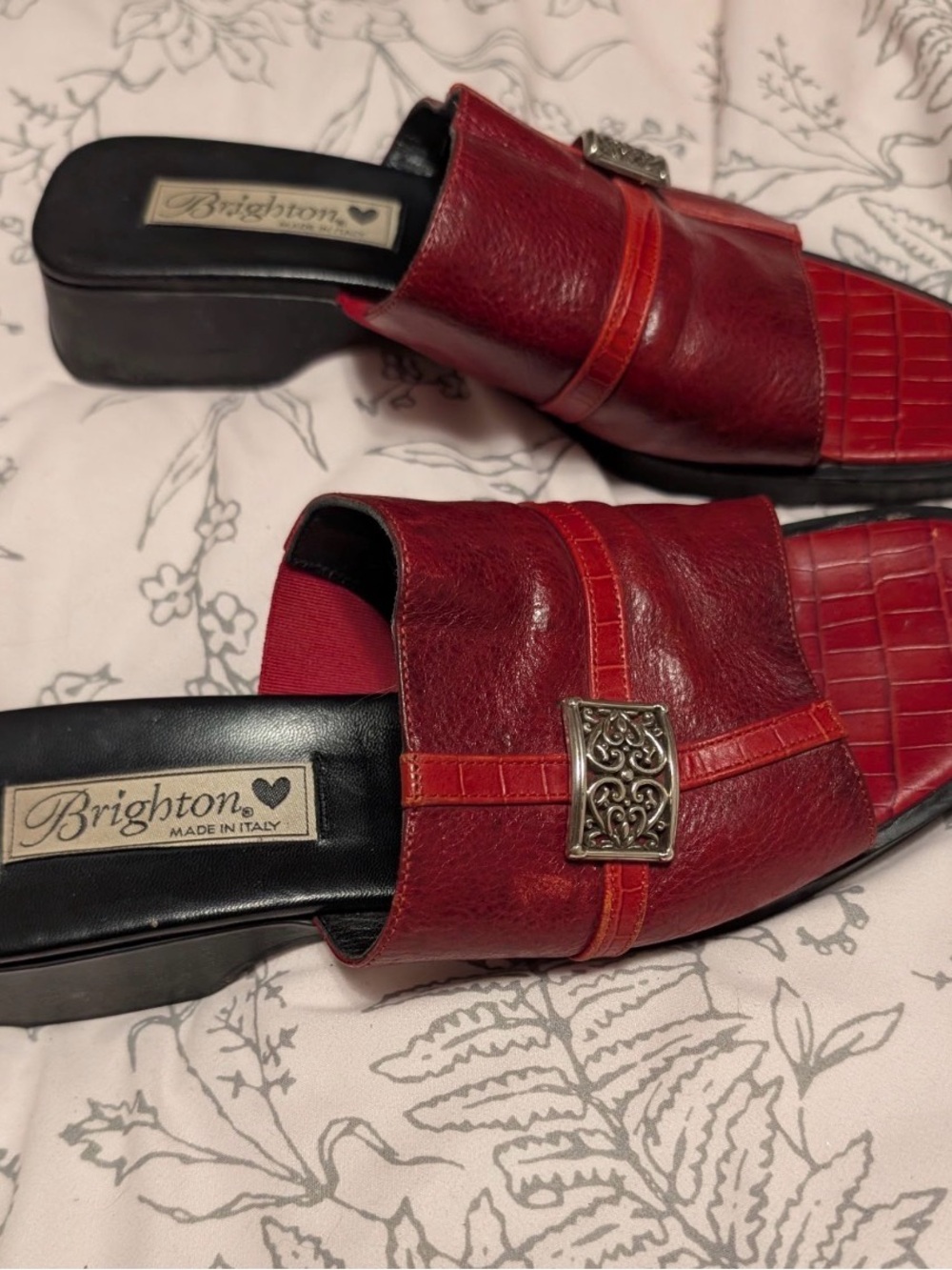 Brighton Red Leather Slide Mules with Silver Accent